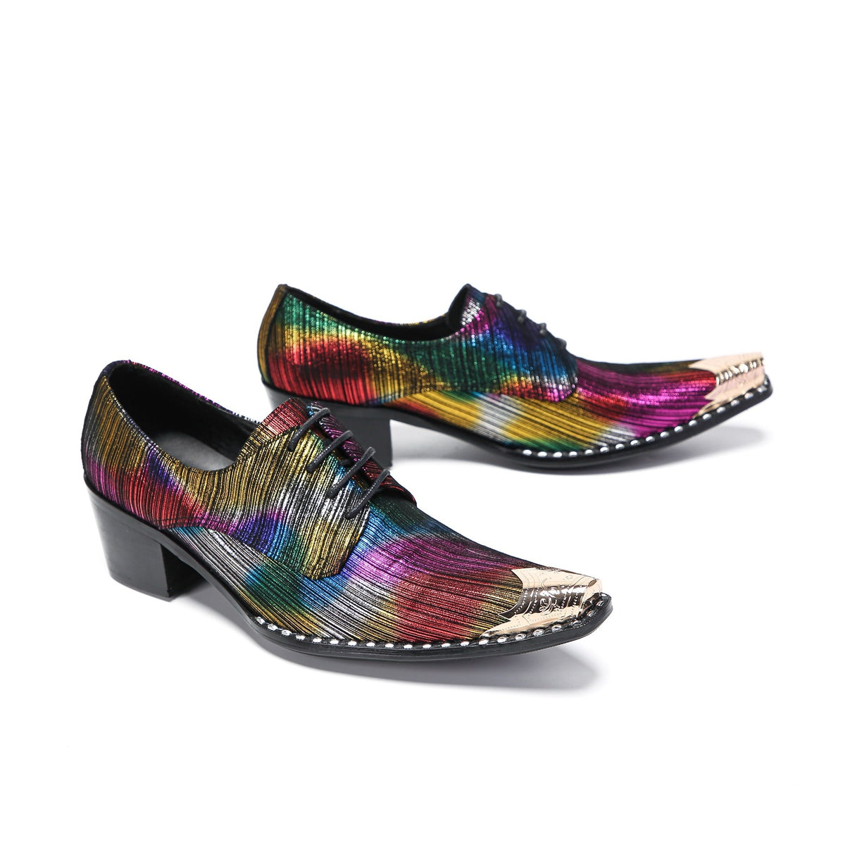 Pair of men's rainbow metallic pointed toe oxford shoes with golden metal tips and studded soles