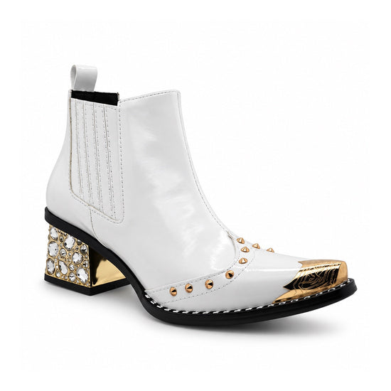 A pair of Aomishoes white genuine leather Chelsea boots with a gold metal pointed toe, gold studs, and a