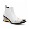 A pair of Aomishoes white genuine leather Chelsea boots with a gold metal pointed toe, gold studs, and a