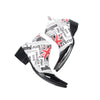 Pair of Aomishoes newspaper print and Union Jack pointed toe ankle boots with black patent leather toe caps and block heels.