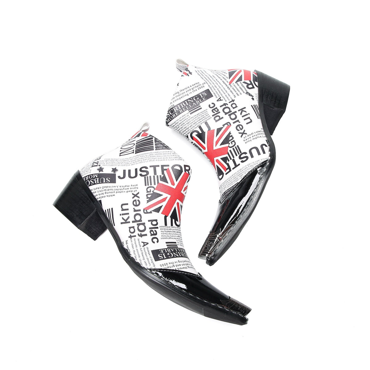 Pair of Aomishoes newspaper print and Union Jack pointed toe ankle boots with black patent leather toe caps and block heels.