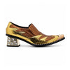 A pair of men's metallic gold and bronze slip-on western dress shoes with a pointed metal toe and a rhinestone-studded block