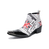 Pair of Aomishoes newspaper print and Union Jack pointed toe ankle boots with black patent leather toe caps and block heels.