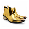 Pair of Aomishoes metallic gold studded ankle boots with pointed metal toe caps and rhinestone embellished block heels on a