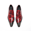 Pair of men's red snakeskin patterned leather derby shoes with pointed metal toe caps and black laces on a white background.