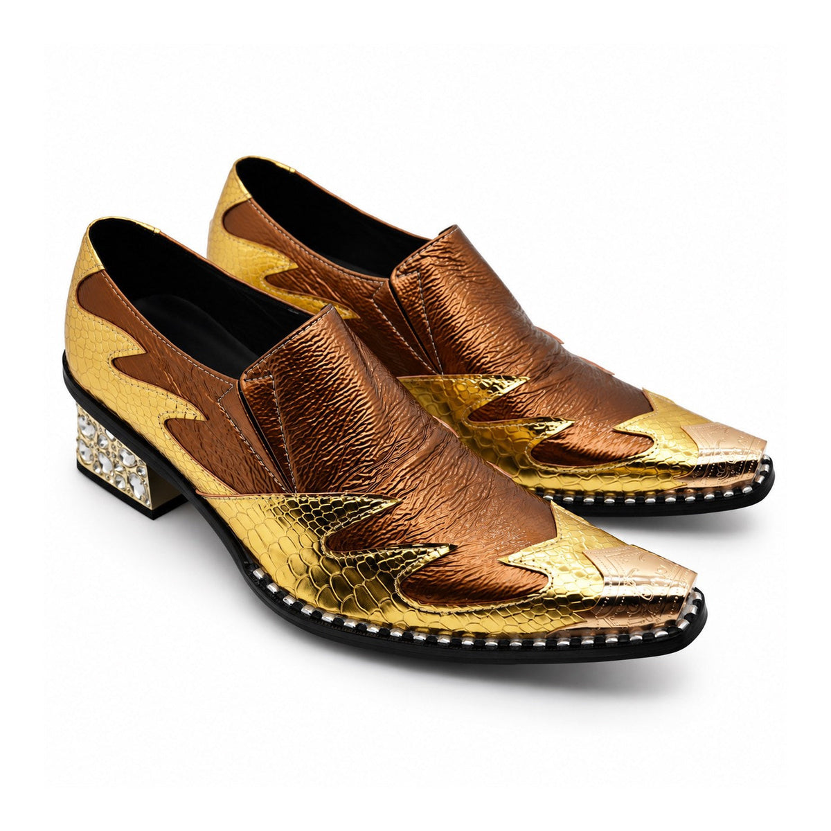 A pair of men's metallic gold and bronze slip-on western dress shoes with a pointed metal toe and a rhinestone-studded block