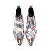 A pair of men's abstract print ankle boots with a gold metal cap toe and side zipper, shown against a white background.