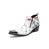 Pair of men's white genuine leather ankle boots with a colorful floral print and shiny metallic pointed toe caps.