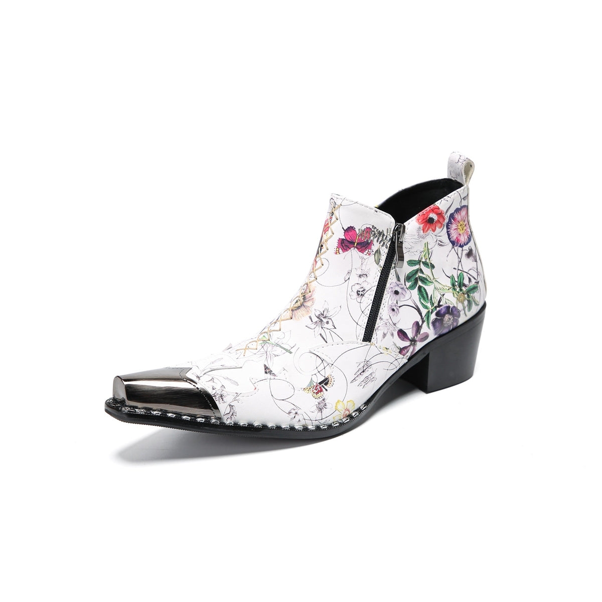 Pair of men's white genuine leather ankle boots with a colorful floral print and shiny metallic pointed toe caps.