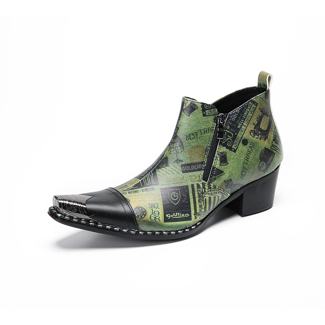 A pair of men's green and black patterned ankle boots with pointed metal toes and side zippers.