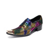 Pair of men's rainbow metallic pointed toe oxford shoes with golden metal tips and studded soles