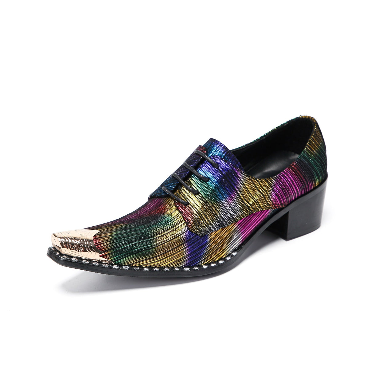 Pair of men's rainbow metallic pointed toe oxford shoes with golden metal tips and studded soles