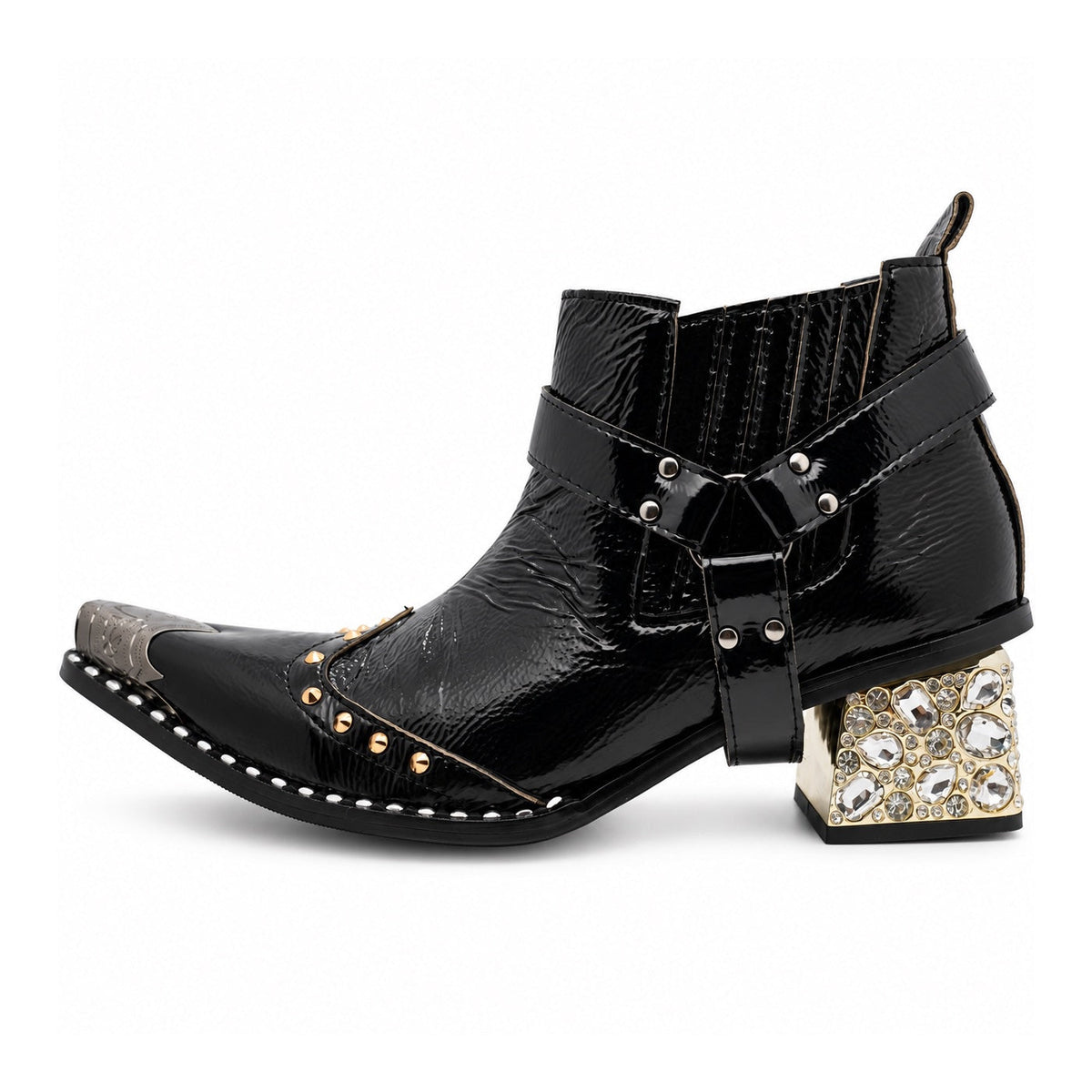 Black patent leather men's pointed toe ankle boot with metal toe cap, studded details, and a gold rhinestone-embellished