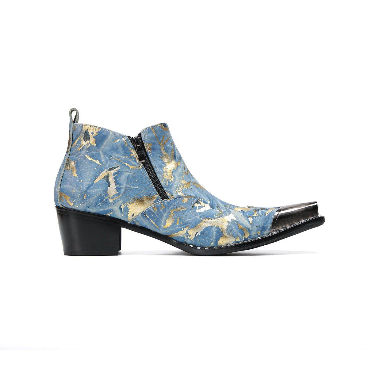 Pair of men's blue and gold splatter ankle boots with shiny metal toe caps and side zippers on a white background.