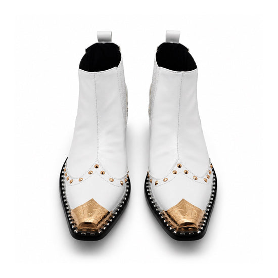 A pair of Aomishoes white genuine leather Chelsea boots with a gold metal pointed toe, gold studs, and a