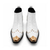 A pair of Aomishoes white genuine leather Chelsea boots with a gold metal pointed toe, gold studs, and a