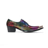 Pair of men's rainbow metallic pointed toe oxford shoes with golden metal tips and studded soles