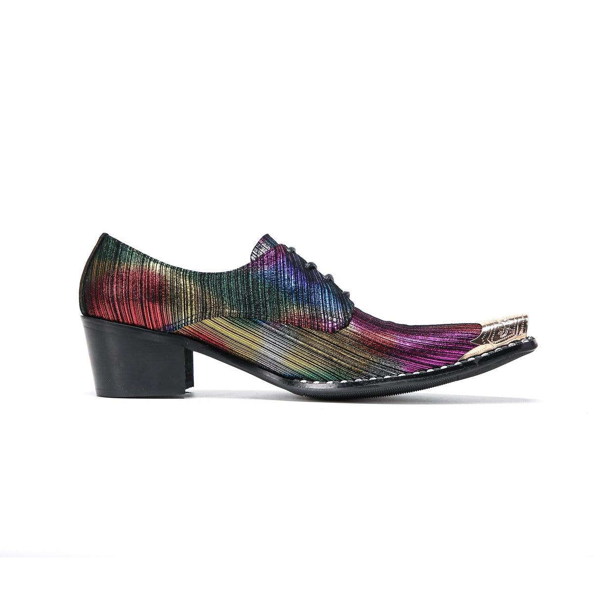 Pair of men's rainbow metallic pointed toe oxford shoes with golden metal tips and studded soles