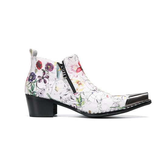 Pair of men's white genuine leather ankle boots with a colorful floral print and shiny metallic pointed toe caps.