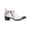 Pair of men's white genuine leather ankle boots with a colorful floral print and shiny metallic pointed toe caps.