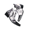 A pair of men's black and white newspaper print ankle boots with a pointed metal toe, side zipper, and block heel.