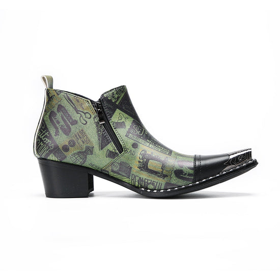 A pair of men's green and black patterned ankle boots with pointed metal toes and side zippers.