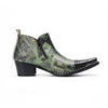 A pair of men's green and black patterned ankle boots with pointed metal toes and side zippers.