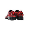 Pair of men's red snakeskin patterned leather derby shoes with pointed metal toe caps and black laces on a white background.