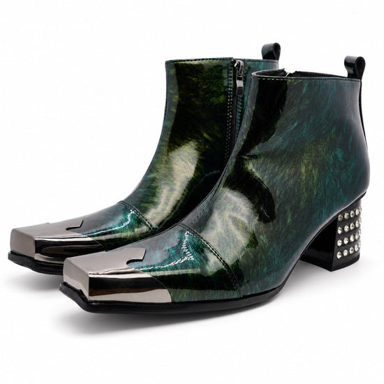 Pair of Aomishoes dark green patterned patent leather square toe ankle boots with silver metal toe caps and