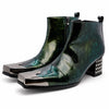 Pair of Aomishoes dark green patterned patent leather square toe ankle boots with silver metal toe caps and