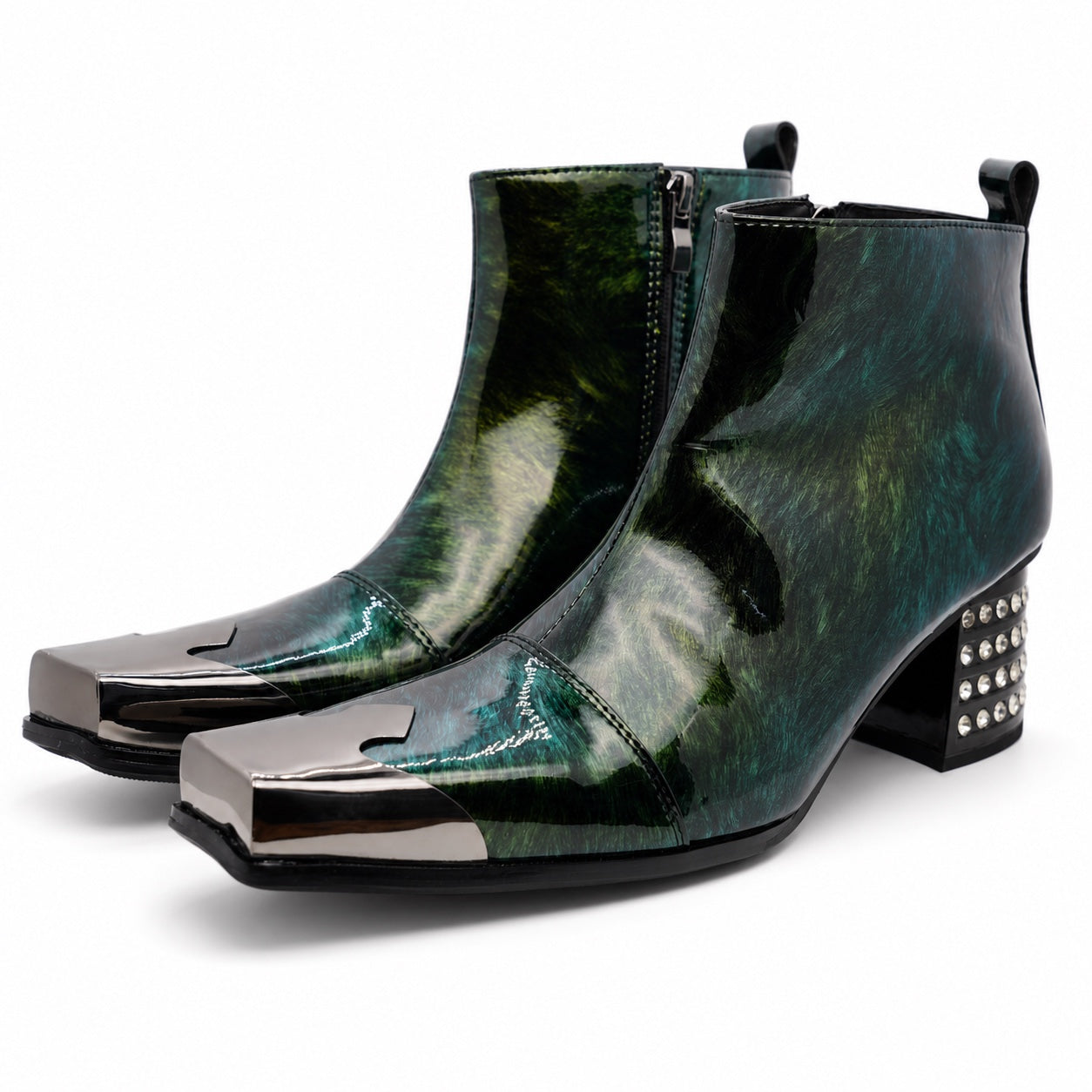Pair of Aomishoes dark green patterned patent leather square toe ankle boots with silver metal toe caps and