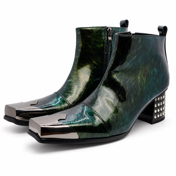 Pair of Aomishoes dark green patterned patent leather square toe ankle boots with silver metal toe caps and