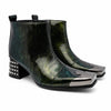 Pair of Aomishoes dark green patterned patent leather square toe ankle boots with silver metal toe caps and