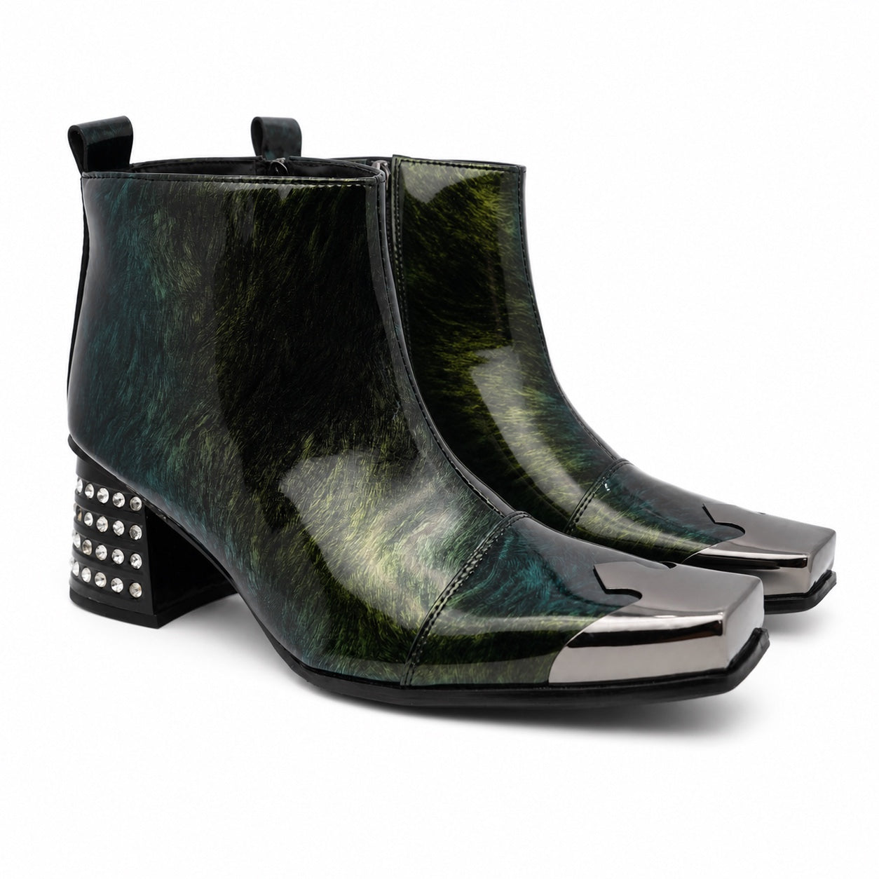 Pair of Aomishoes dark green patterned patent leather square toe ankle boots with silver metal toe caps and