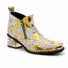 White and gold foil patterned ankle boot with a pointed metal toe, side zipper, and a block heel embellished with clear