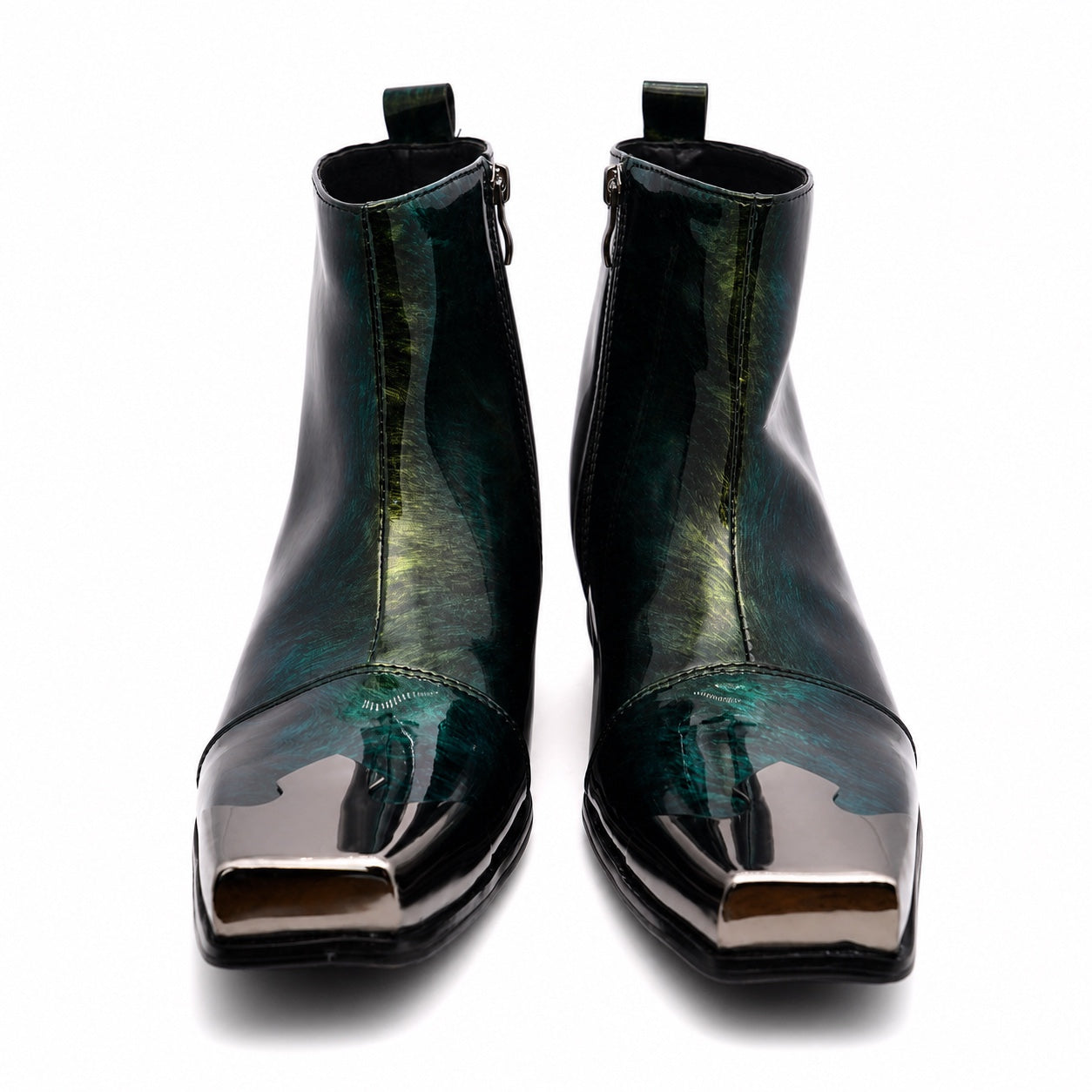 Pair of Aomishoes dark green patterned patent leather square toe ankle boots with silver metal toe caps and