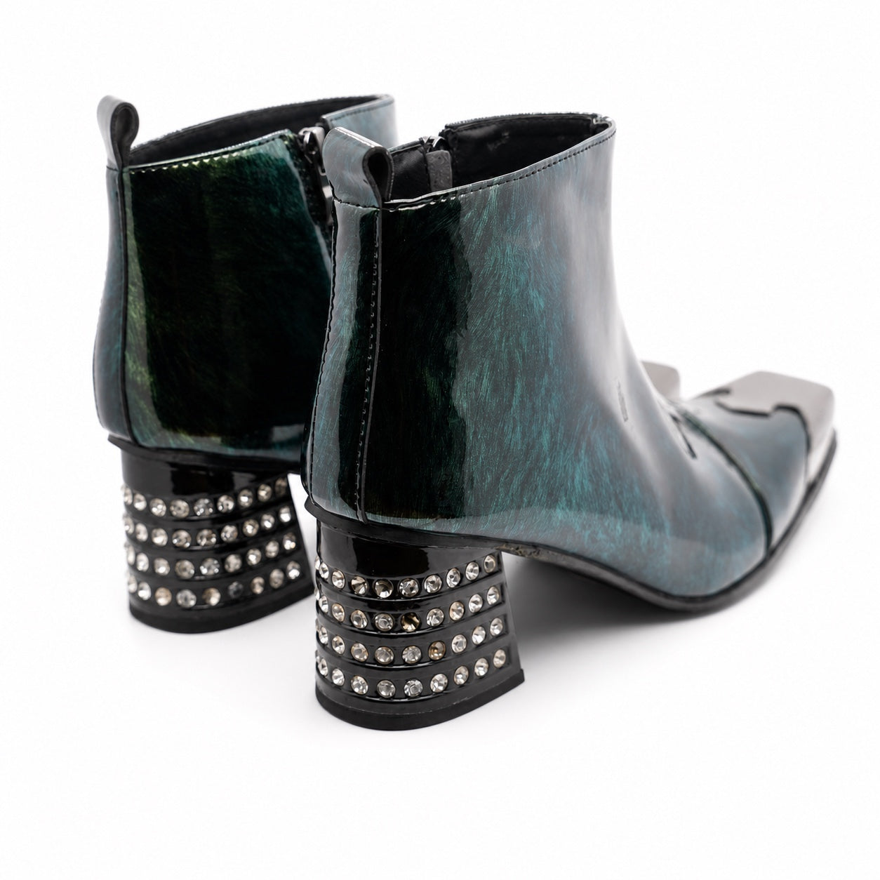 Pair of Aomishoes dark green patterned patent leather square toe ankle boots with silver metal toe caps and