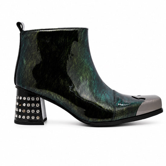 Pair of Aomishoes dark green patterned patent leather square toe ankle boots with silver metal toe caps and