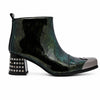 Pair of Aomishoes dark green patterned patent leather square toe ankle boots with silver metal toe caps and