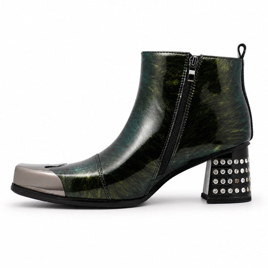 Pair of Aomishoes dark green patterned patent leather square toe ankle boots with silver metal toe caps and