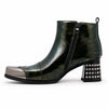 Pair of Aomishoes dark green patterned patent leather square toe ankle boots with silver metal toe caps and