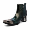 Pair of Aomishoes dark green patterned patent leather square toe ankle boots with silver metal toe caps and