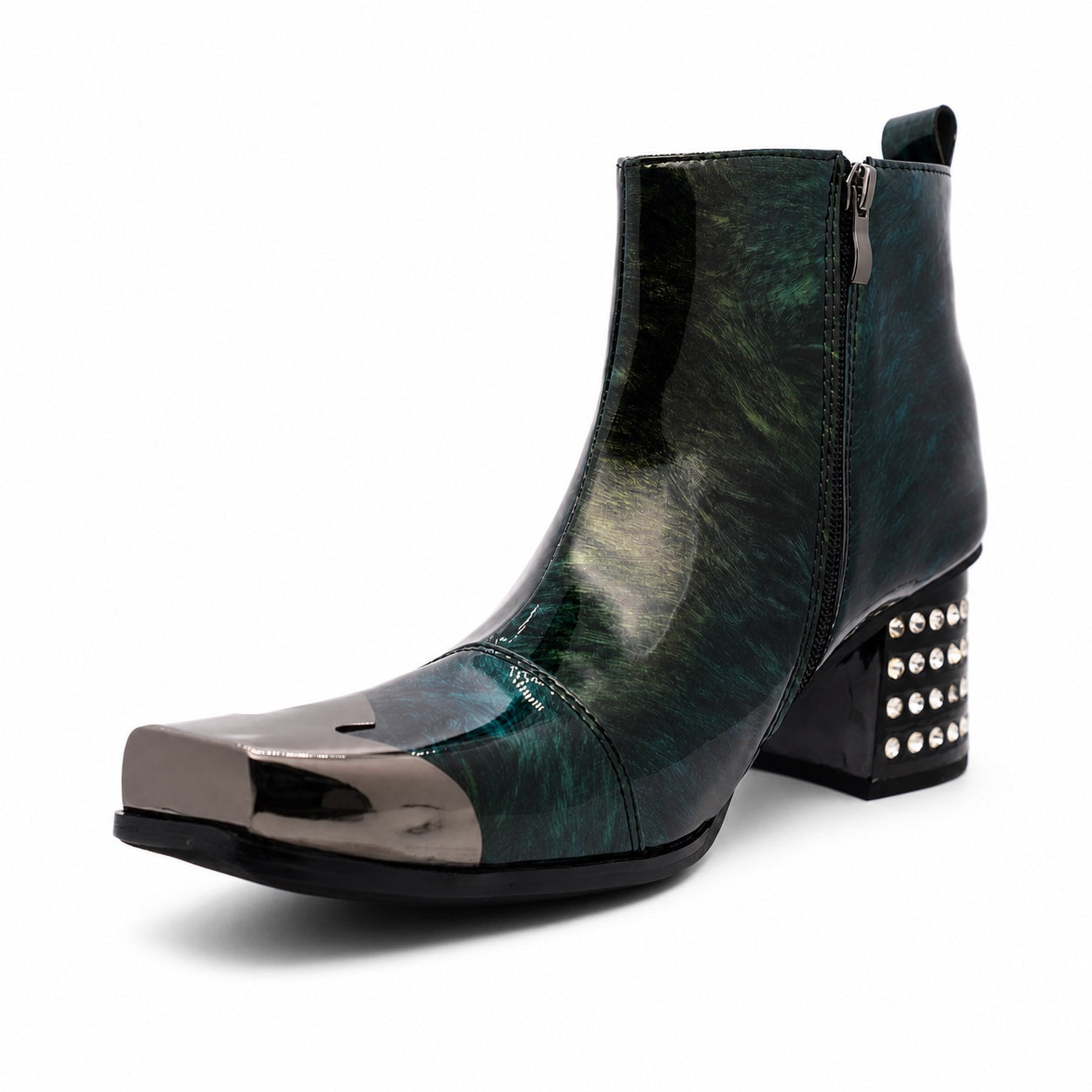 Pair of Aomishoes dark green patterned patent leather square toe ankle boots with silver metal toe caps and