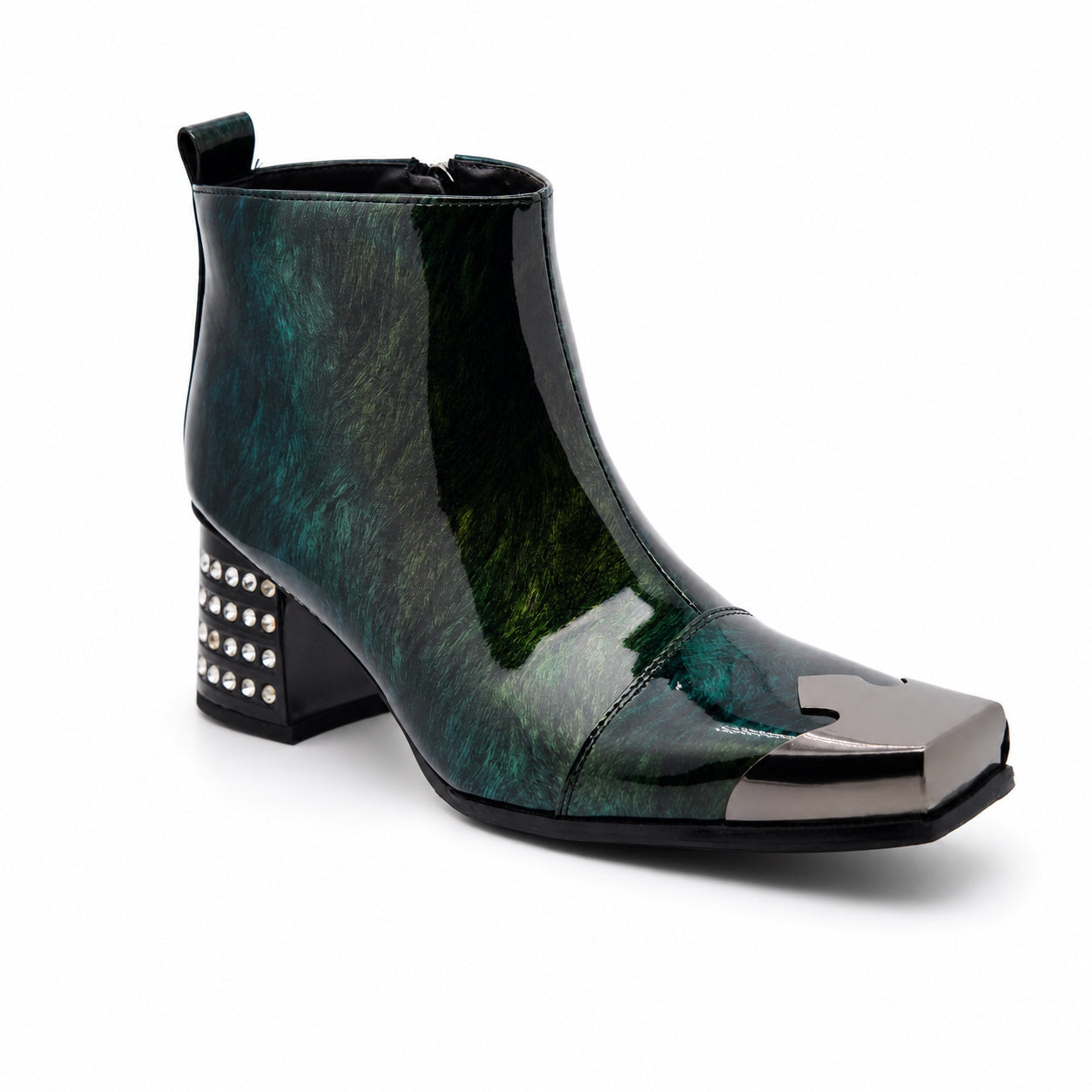 Pair of Aomishoes dark green patterned patent leather square toe ankle boots with silver metal toe caps and