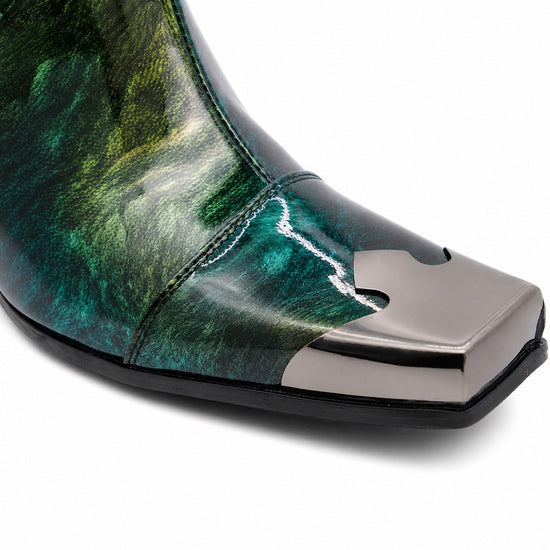 Pair of Aomishoes dark green patterned patent leather square toe ankle boots with silver metal toe caps and