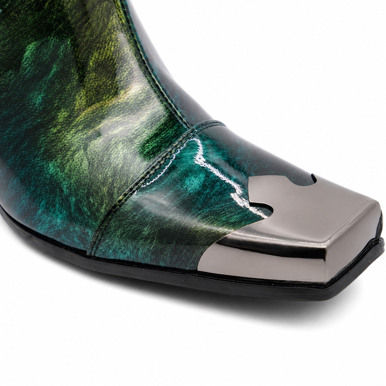 Pair of Aomishoes dark green patterned patent leather square toe ankle boots with silver metal toe caps and